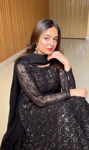 Function Wear Black Color Faux Blooming Sequins And Thread Embroidered Work Anarkali Suit