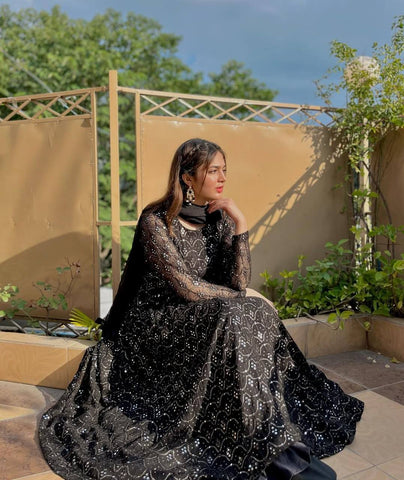 Function Wear Black Color Faux Blooming Sequins And Thread Embroidered Work Anarkali Suit