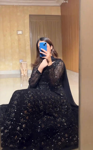 Function Wear Black Color Faux Blooming Sequins And Thread Embroidered Work Anarkali Suit