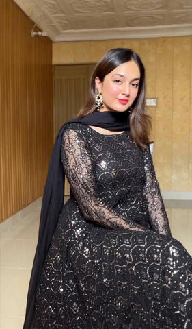Function Wear Black Color Faux Blooming Sequins And Thread Embroidered Work Anarkali Suit
