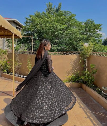 Function Wear Black Color Faux Blooming Sequins And Thread Embroidered Work Anarkali Suit