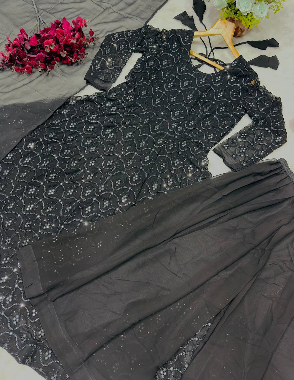 Function Wear Black Color Faux Blooming Sequins And Thread Embroidered Work Anarkali Suit