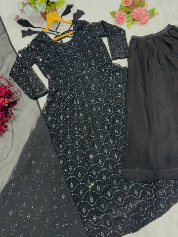 Function Wear Black Color Faux Blooming Sequins And Thread Embroidered Work Anarkali Suit