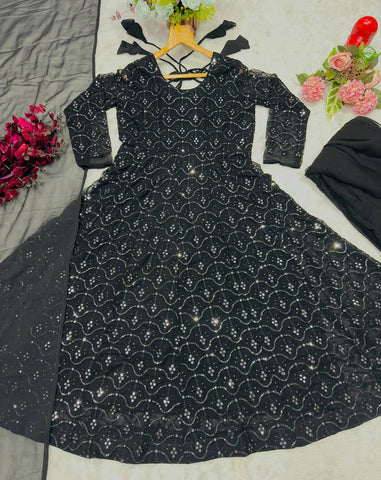 Function Wear Black Color Faux Blooming Sequins And Thread Embroidered Work Anarkali Suit