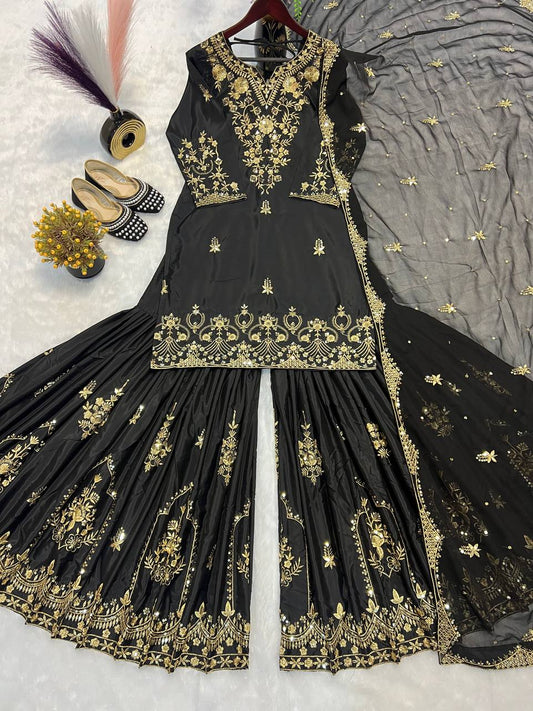 Wedding Wear Black Color Heavy Natural Crepe With Heavy 5mm Embroidery Sequence Work