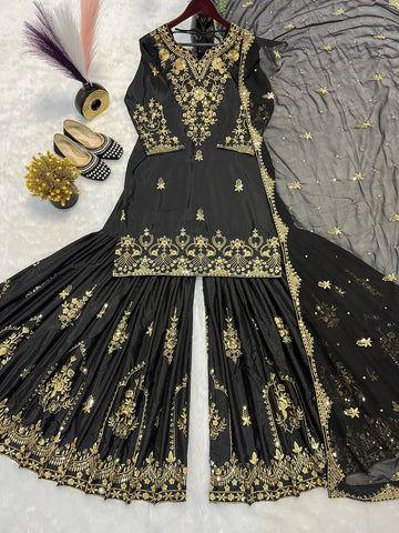 Wedding Wear Black Color Heavy Natural Crepe With Heavy 5mm Embroidery Sequence Work