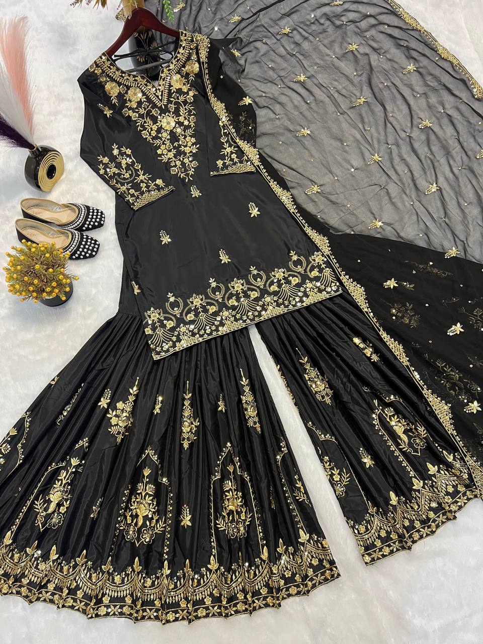 Wedding Wear Black Color Heavy Natural Crepe With Heavy 5mm Embroidery Sequence Work