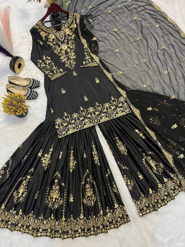 Wedding Wear Black Color Heavy Natural Crepe With Heavy 5mm Embroidery Sequence Work