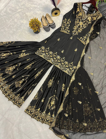 Wedding Wear Black Color Heavy Natural Crepe With Heavy 5mm Embroidery Sequence Work