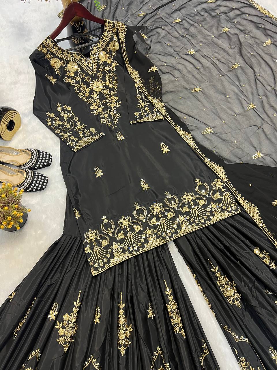 Wedding Wear Black Color Heavy Natural Crepe With Heavy 5mm Embroidery Sequence Work