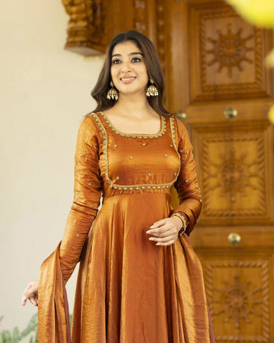 Ceremony Wear Golden Color Fendi Silk Thread And Sequence Designer Gown