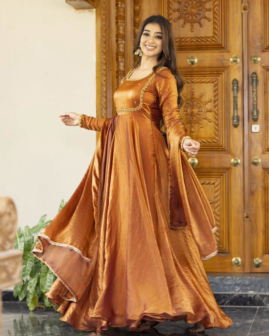 Ceremony Wear Golden Color Fendi Silk Thread And Sequence Designer Gown