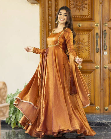 Ceremony Wear Golden Color Fendi Silk Thread And Sequence Designer Gown