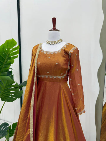 Ceremony Wear Golden Color Fendi Silk Thread And Sequence Designer Gown
