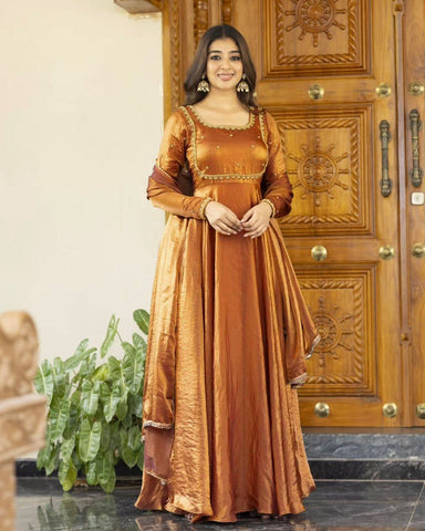 Ceremony Wear Golden Color Fendi Silk Thread And Sequence Designer Gown