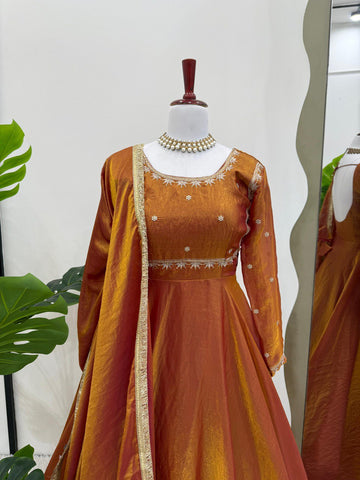 Ceremony Wear Golden Color Fendi Silk Thread And Sequence Designer Gown