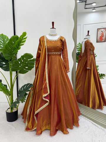 Ceremony Wear Golden Color Fendi Silk Thread And Sequence Designer Gown