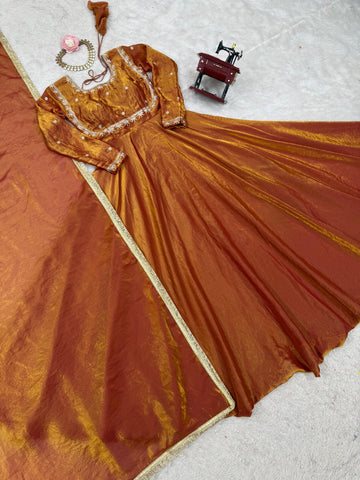 Ceremony Wear Golden Color Fendi Silk Thread And Sequence Designer Gown