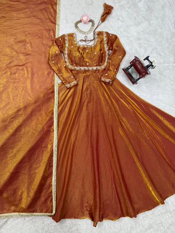 Ceremony Wear Golden Color Fendi Silk Thread And Sequence Designer Gown