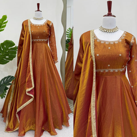 Ceremony Wear Golden Color Fendi Silk Thread And Sequence Designer Gown