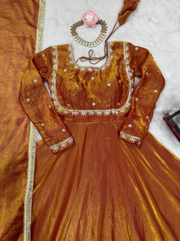 Ceremony Wear Golden Color Fendi Silk Thread And Sequence Designer Gown