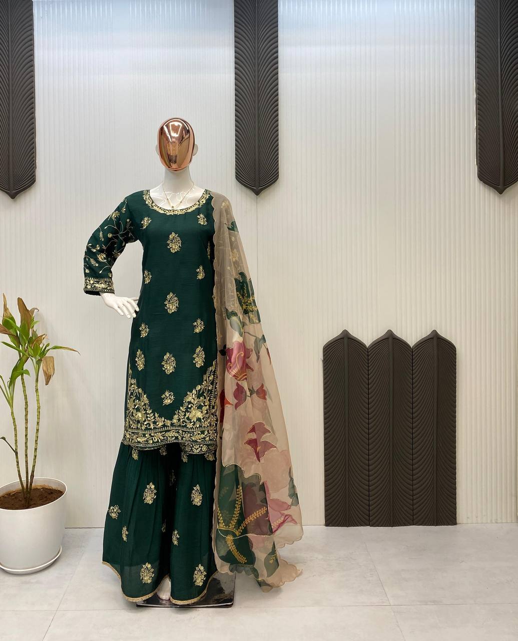 Party Wear Green Color Chinon And Sequence Embroidery Work Sharara Suit