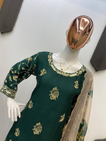 Party Wear Green Color Chinon And Sequence Embroidery Work Sharara Suit