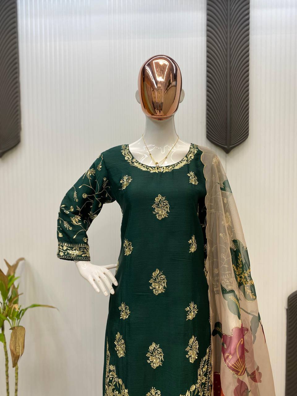 Party Wear Green Color Chinon And Sequence Embroidery Work Sharara Suit