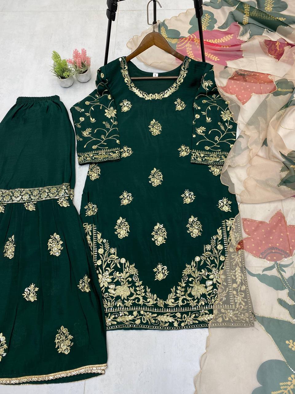 Party Wear Green Color Chinon And Sequence Embroidery Work Sharara Suit