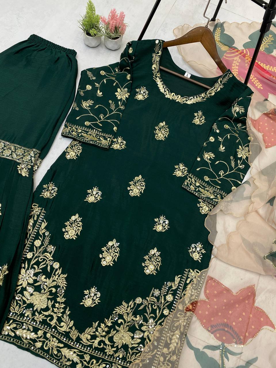 Party Wear Green Color Chinon And Sequence Embroidery Work Sharara Suit