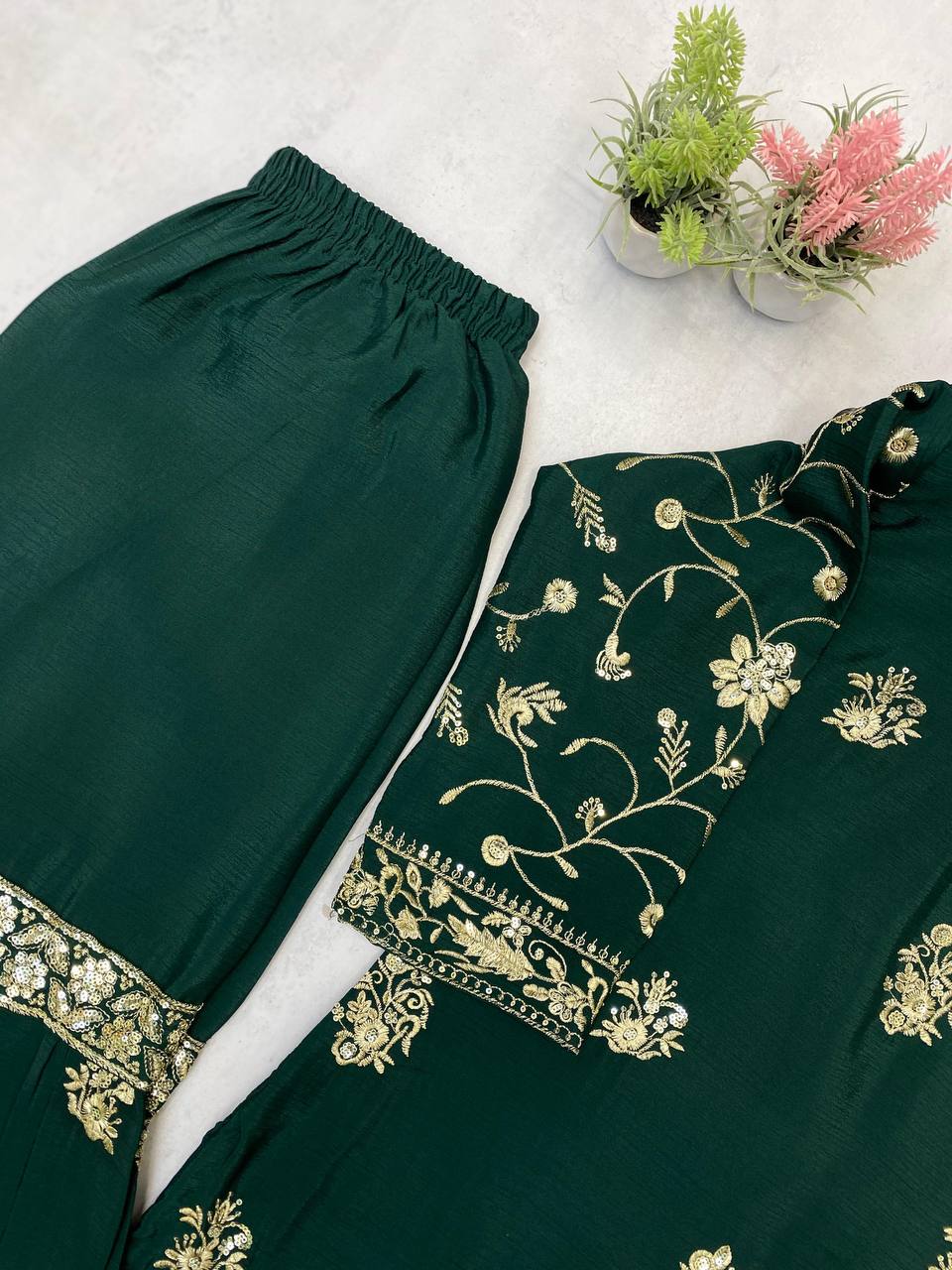 Party Wear Green Color Chinon And Sequence Embroidery Work Sharara Suit
