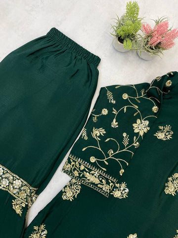 Party Wear Green Color Chinon And Sequence Embroidery Work Sharara Suit