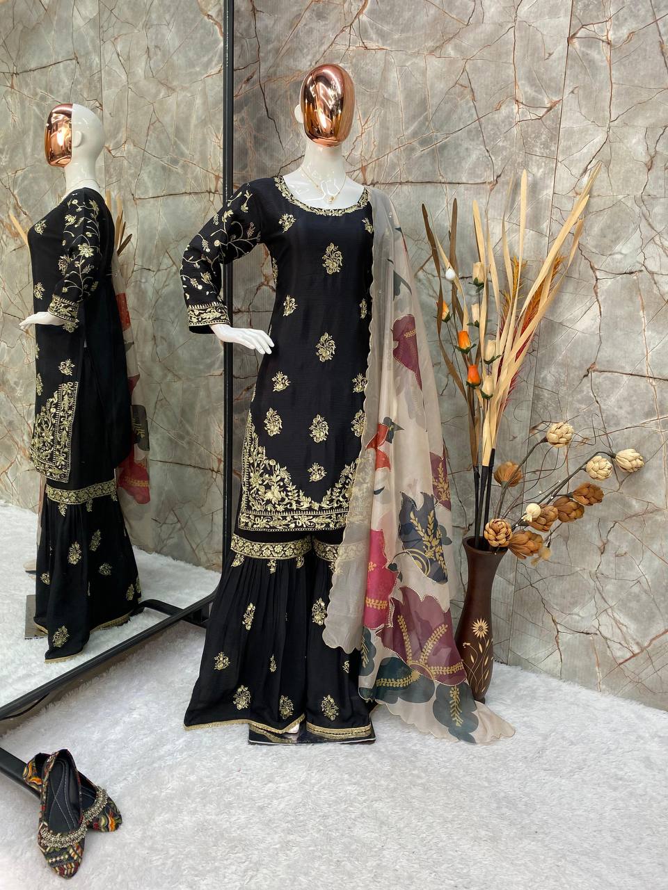 Party Wear Black Color Chinon And Sequence Embroidery Work Sharara Suit