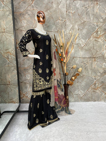 Party Wear Black Color Chinon And Sequence Embroidery Work Sharara Suit