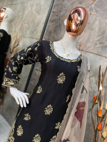 Party Wear Black Color Chinon And Sequence Embroidery Work Sharara Suit