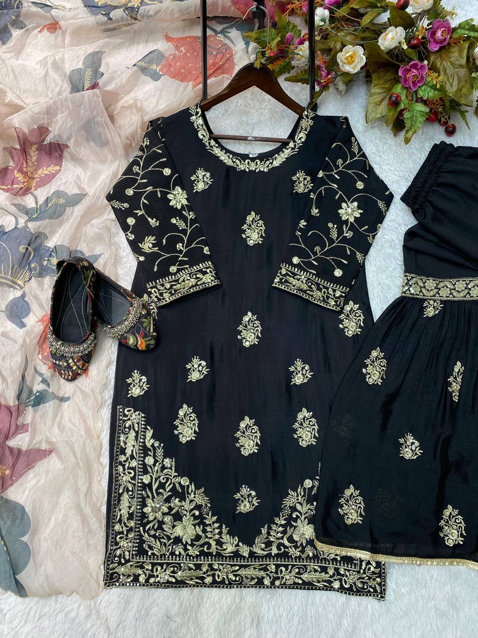 Party Wear Black Color Chinon And Sequence Embroidery Work Sharara Suit