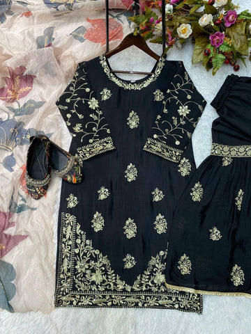 Party Wear Black Color Chinon And Sequence Embroidery Work Sharara Suit