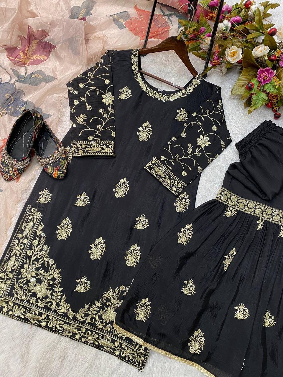 Party Wear Black Color Chinon And Sequence Embroidery Work Sharara Suit