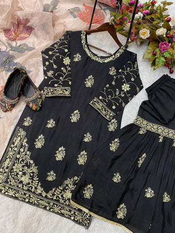 Party Wear Black Color Chinon And Sequence Embroidery Work Sharara Suit