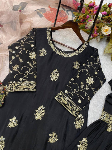 Party Wear Black Color Chinon And Sequence Embroidery Work Sharara Suit