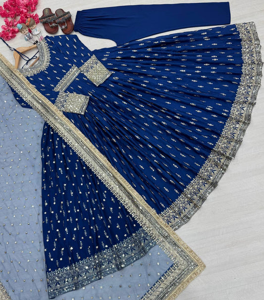 Dazzling Blue Color Heavy Pure Chinon Silk With Embroidery Sequence Work Gown