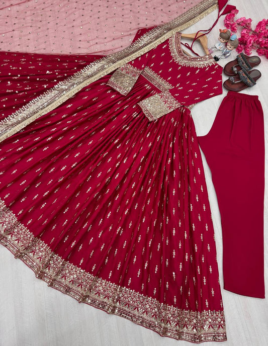 Dazzling Maroon Color Heavy Pure Chinon Silk With Embroidery Sequence Work Gown