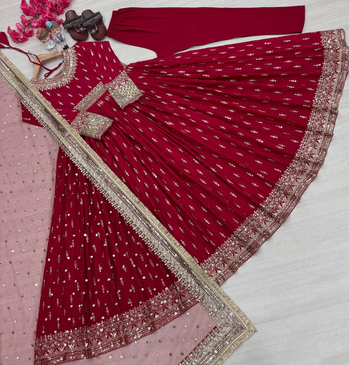 Dazzling Maroon Color Heavy Pure Chinon Silk With Embroidery Sequence Work Gown