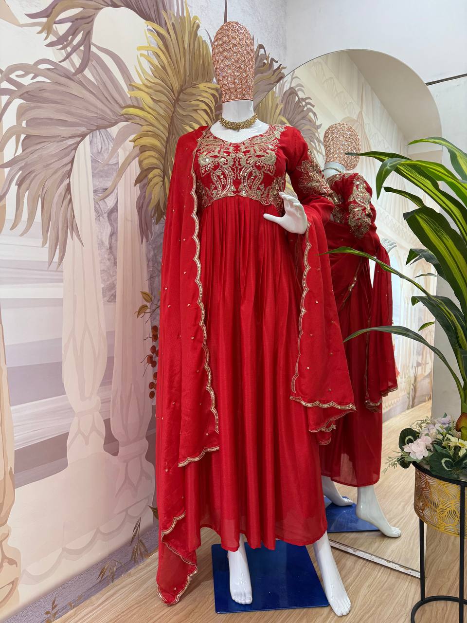 Festive Wear Red Color Fully Embroidery Work On Neck Designer Gown