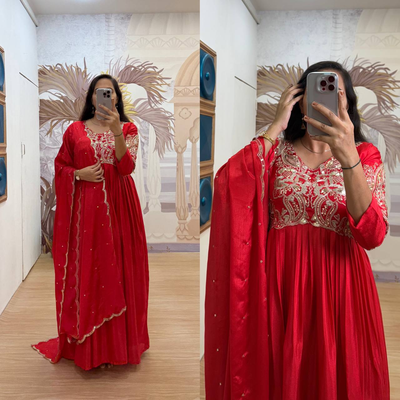 Festive Wear Red Color Fully Embroidery Work On Neck Designer Gown