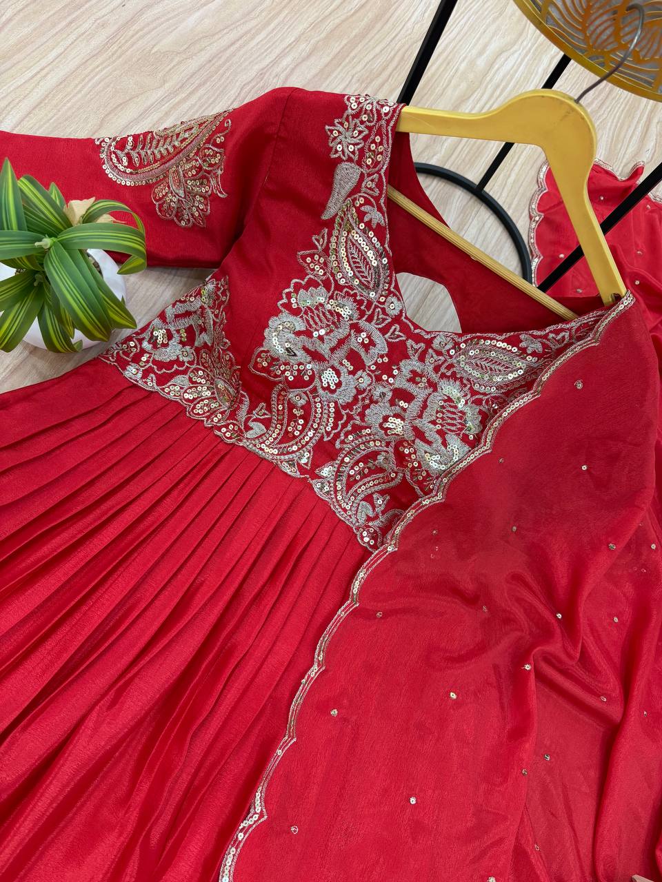 Festive Wear Red Color Fully Embroidery Work On Neck Designer Gown
