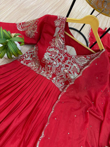 Festive Wear Red Color Fully Embroidery Work On Neck Designer Gown