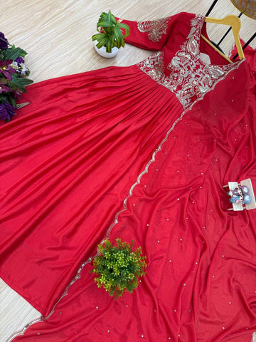 Festive Wear Red Color Fully Embroidery Work On Neck Designer Gown