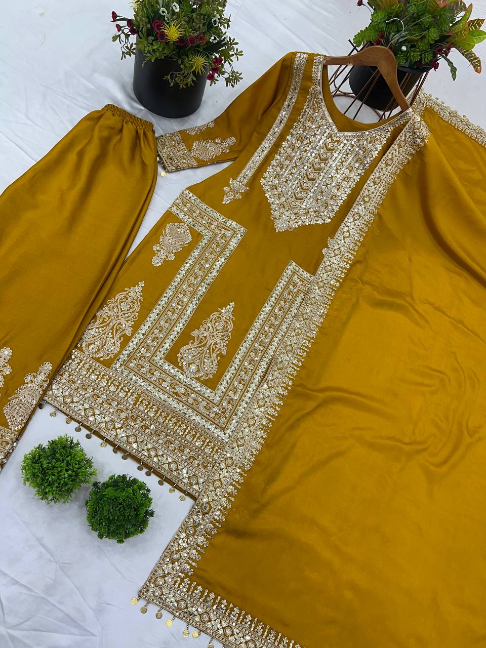 Fantastic Mustard Color Pure Chinon Silk With Heavy Embroidery Coding Dori Sequence Work Palazzo Suit