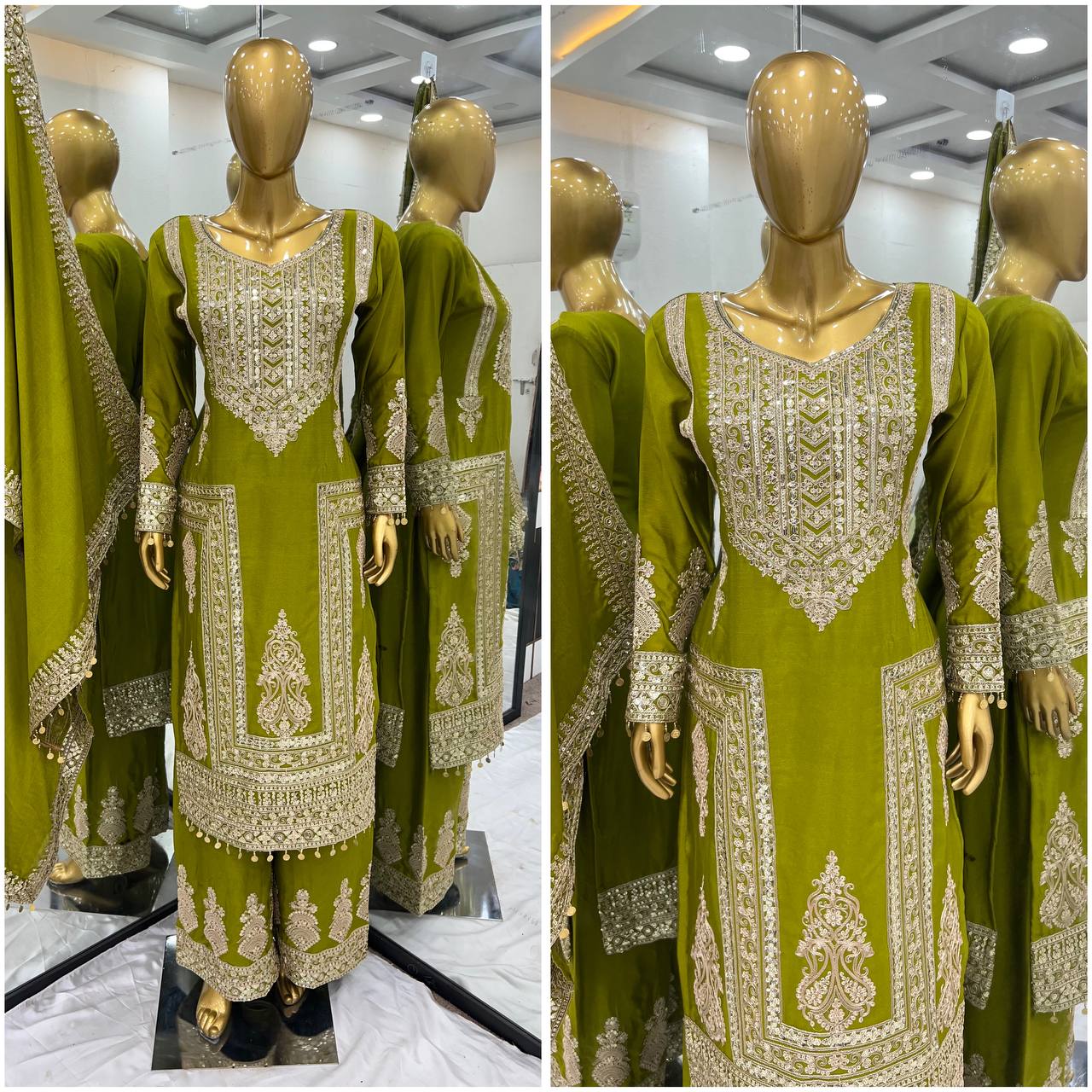 Fantastic Green Color Pure Chinon Silk With Heavy Embroidery Coding Dori Sequence Work Palazzo Suit
